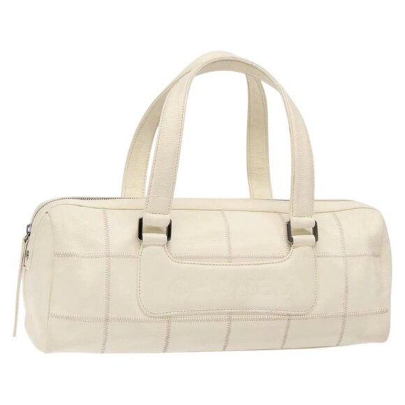 CHANEL Grained Calf Skin Choco Bar Hand Bag White Silver CC Auth bs28421 - Picture 1 of 16